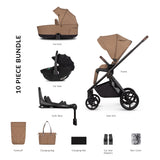 10 pieces included in Venicci Claro 3-in-1 Travel System with Tiago Car Seat + ISOFIX Base in Caramel colour