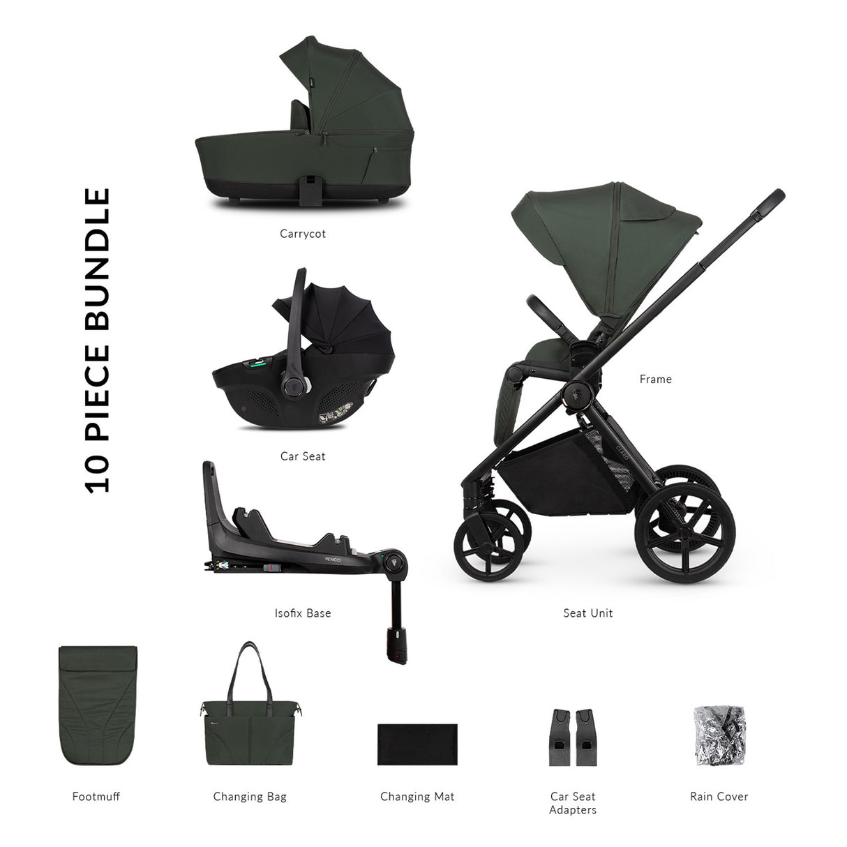 10 pieces included in Venicci Claro 3-in-1 Travel System with Tiago Car Seat + ISOFIX Base in Forest colour