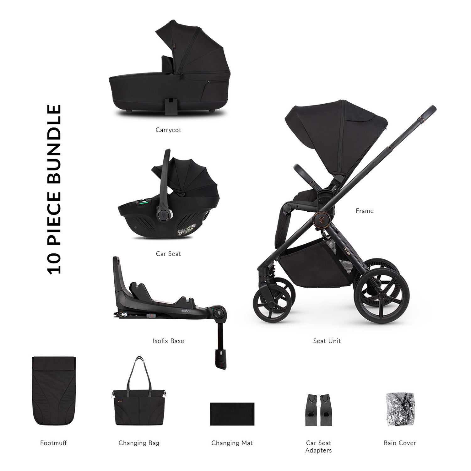 10-piece bundle in Venicci Claro 3-in-1 Complete Travel System with Tiago Car Seat and ISOFIX base in Noir black colour