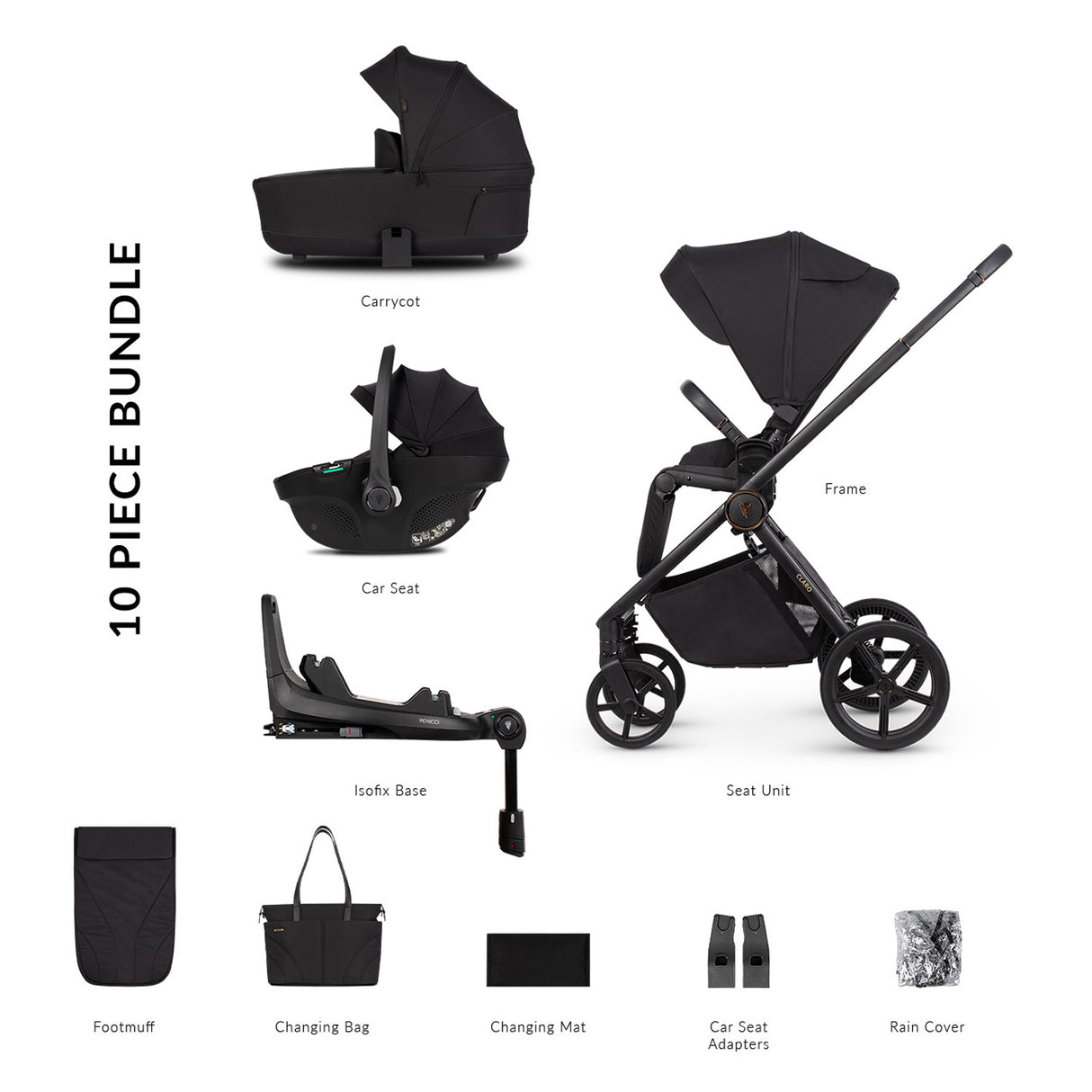 10 piece bundle in Venicci Claro 3-in-1 Travel System with Tiago Car Seat + ISOFIX Base in Noir black colour