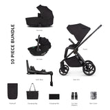 10 piece bundle in Venicci Claro 3-in-1 Travel System with Tiago Car Seat + ISOFIX Base in Noir black colour