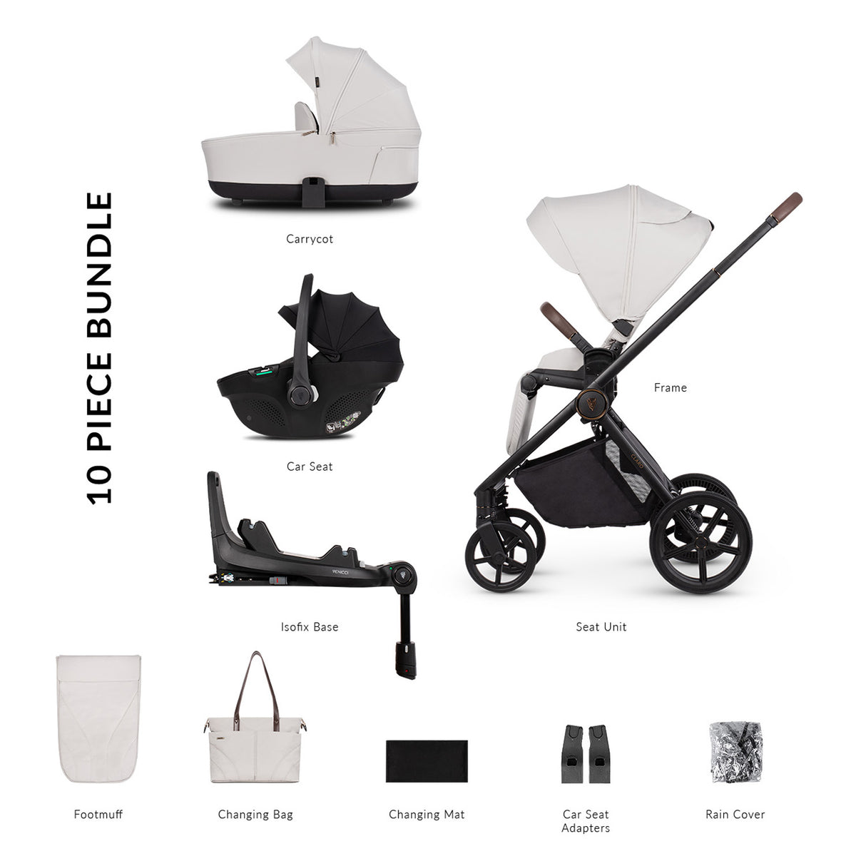 10 piece bundle in Venicci Claro 3-in-1 Travel System with Tiago Car Seat + ISOFIX Base in Vanilla colour