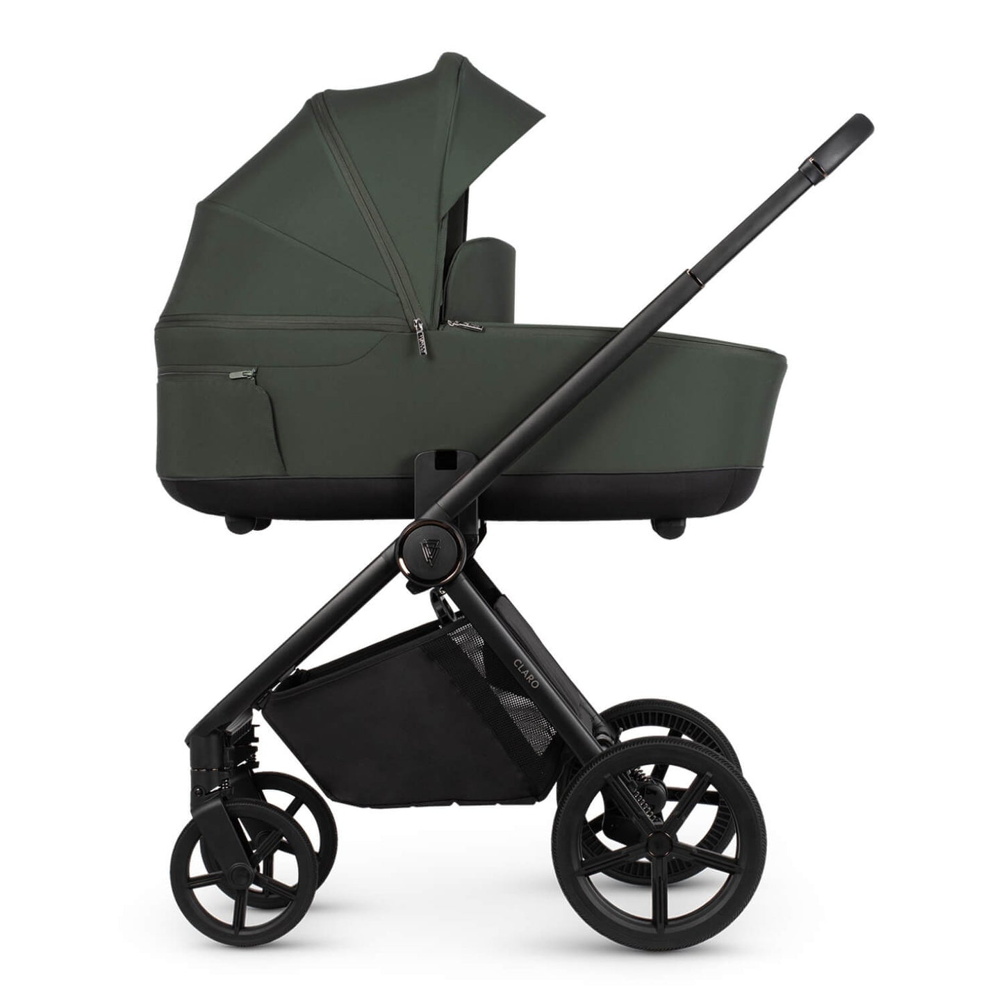 Venicci Claro carrycot in Forest colour placed in the Claro frame