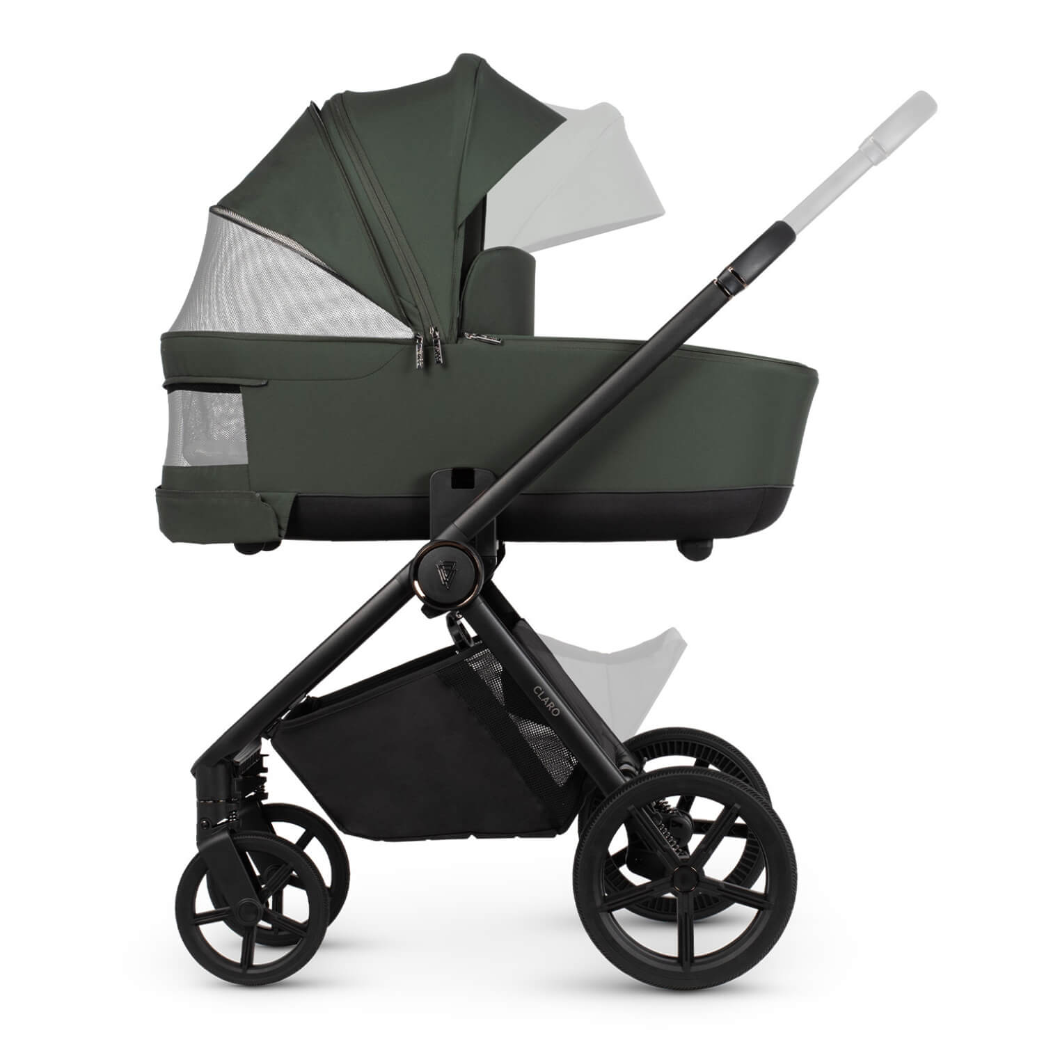 Venicci Claro carrycot in Forest with the panoramic ventilation opened