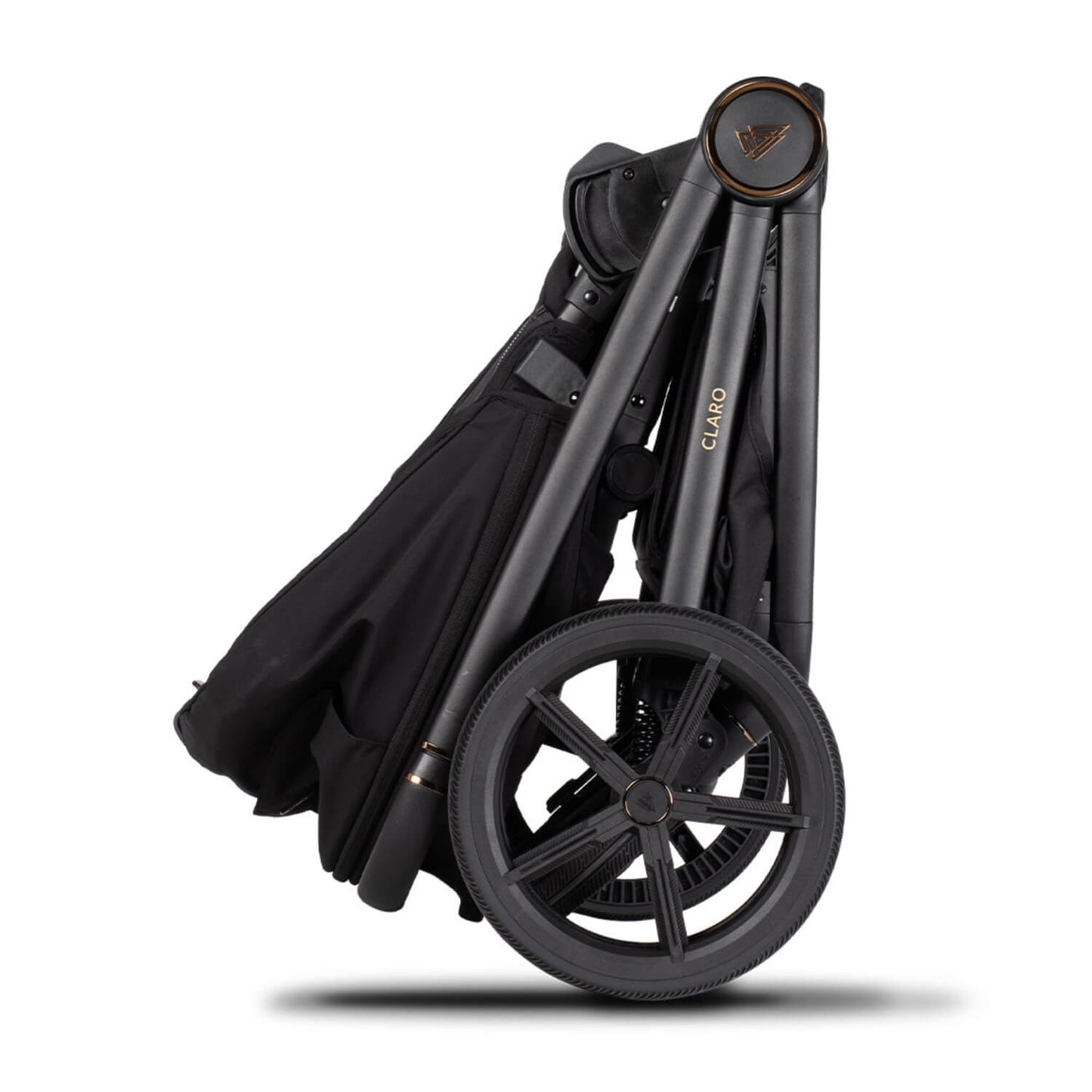 Side view of folded Venicci Claro pushchair seat in Noir black colour