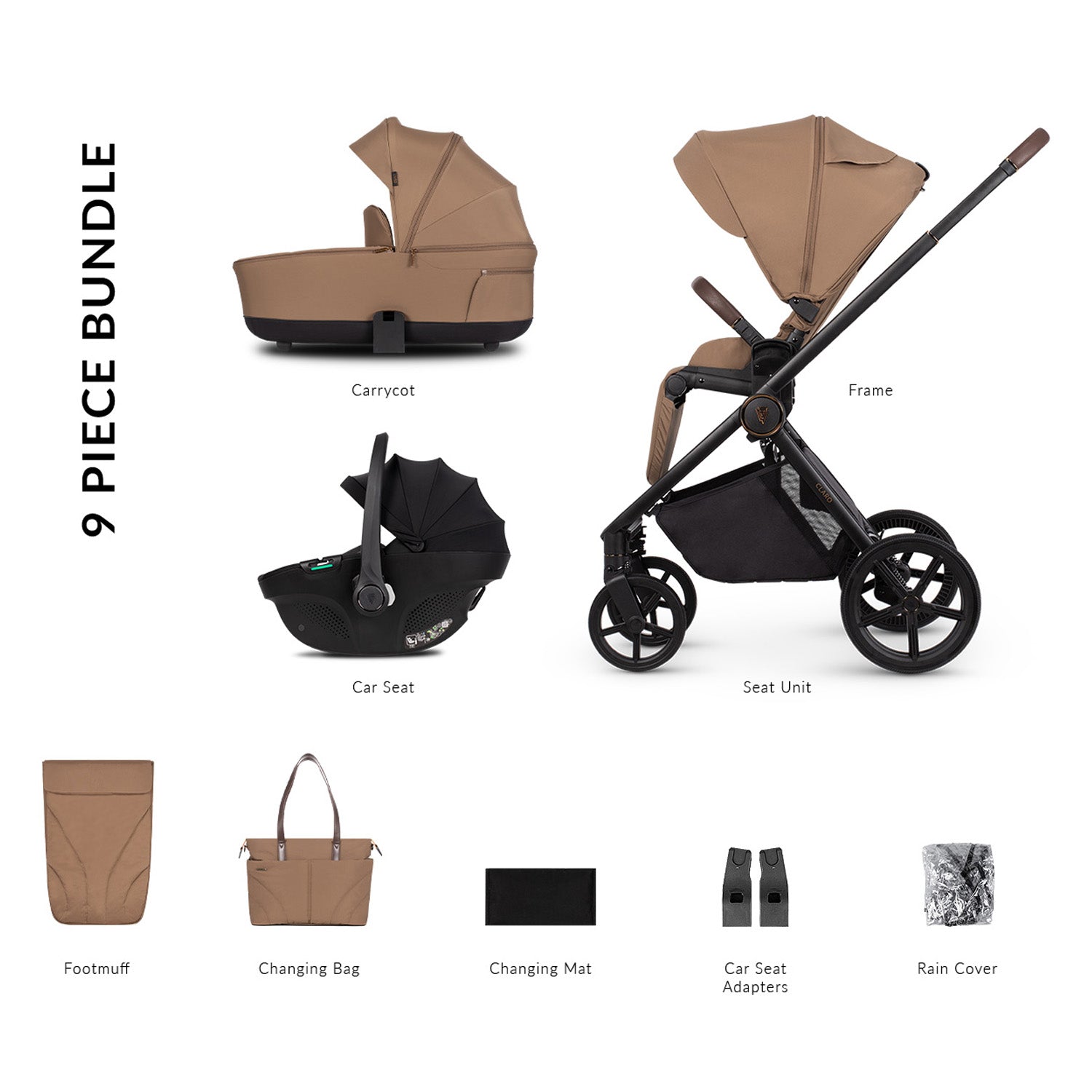 9-piece bundle in Venicci Claro 3-in-1 Travel System with Tiago Car Seat set