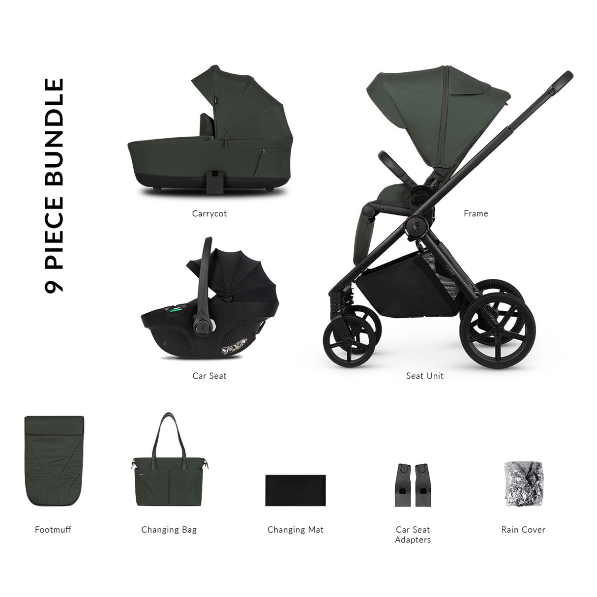 9 pieces included in Venicci Claro 3-in-1 Travel System with Tiago Car Seat in Forest green colour