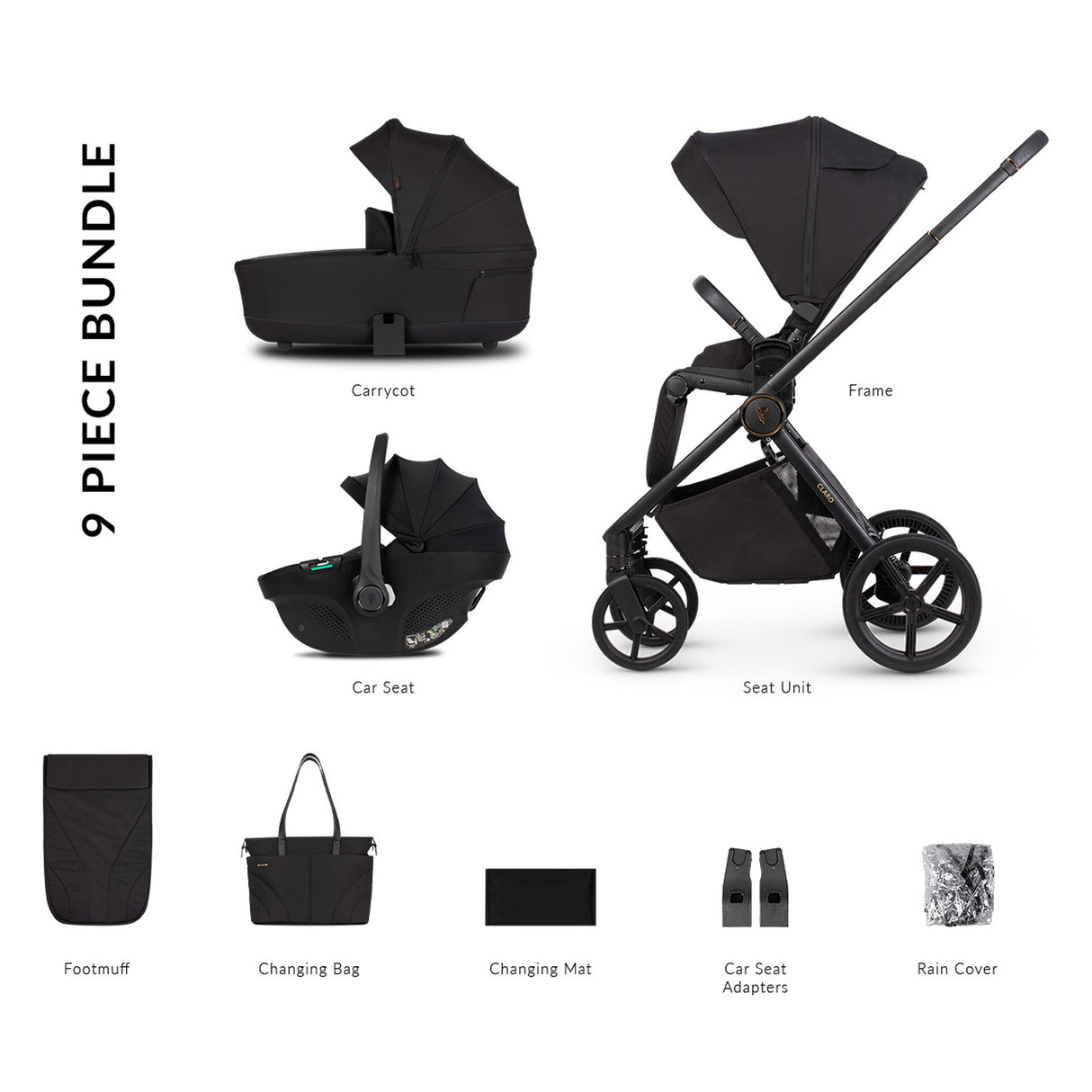 9 piece bundle in Venicci Claro 3-in-1 Travel System with Tiago Car Seat