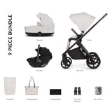 9 pieces included in Venicci Claro 3-in-1 Travel System with Tiago Car Seat in Vanilla white colour