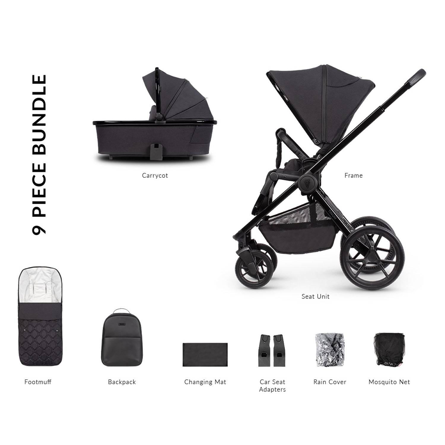 9-piece bundle of Venicci Tinum Edge 2-in-1 SE Pram in Raven black colour