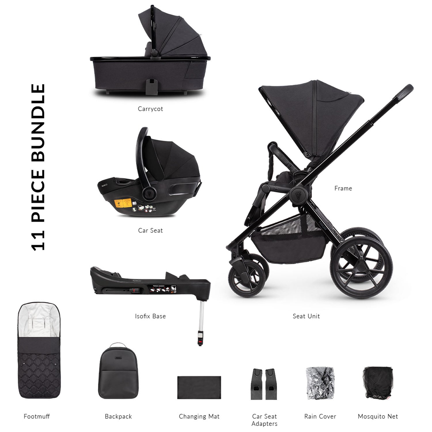 10-piece bundle inclusions in Venicci Tinum Edge SE 3-in-1 Pram set