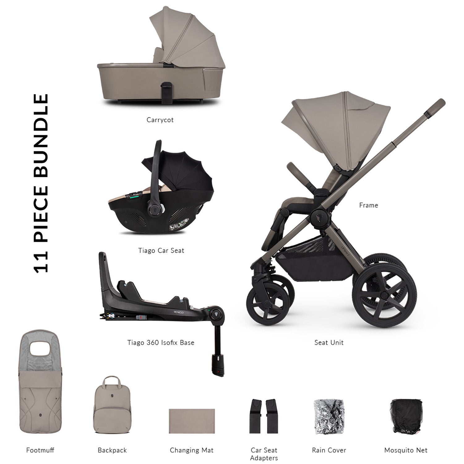 11-piece bundle of Venicci Upline 2 in 3-in-1 Complete Travel System set in Taupe colour