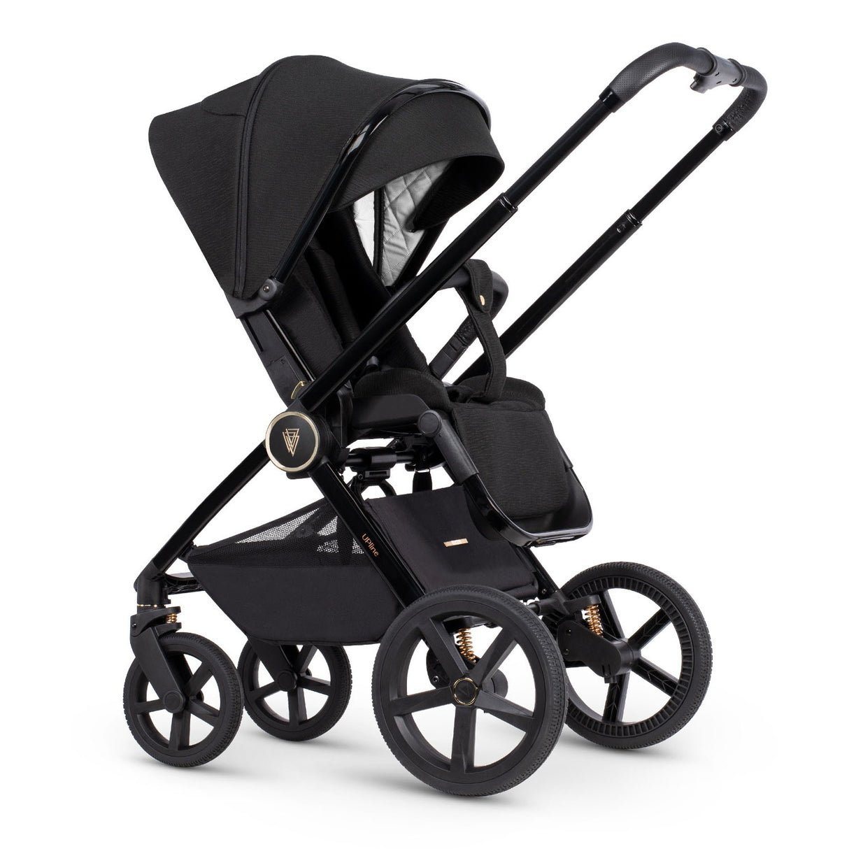 Venicci Upline 2-in-1 Pram in All Black colour with seat unit attached in parent-facing position