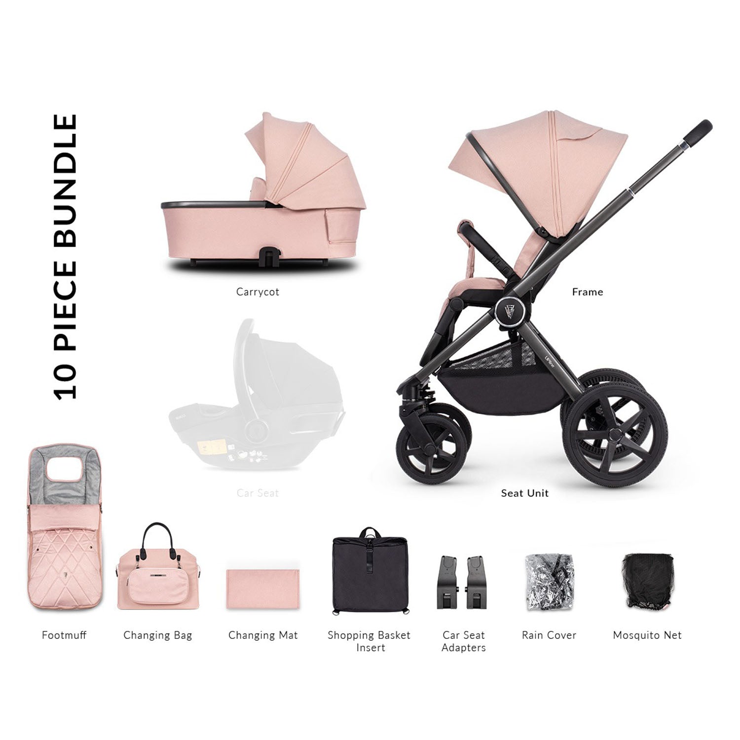 10-piece bundle in Venicci Upline 2-in-1 Pram set