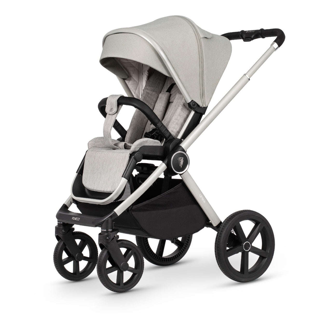 Venicci Upline 2-in-1 Pram in Moonstone colour with seat unit attached in forward-facing position