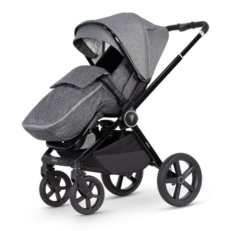 Venicci Upline 2-in-1 Pram in Slate Grey colour with seat unit and footmuff attached in forward-facing position