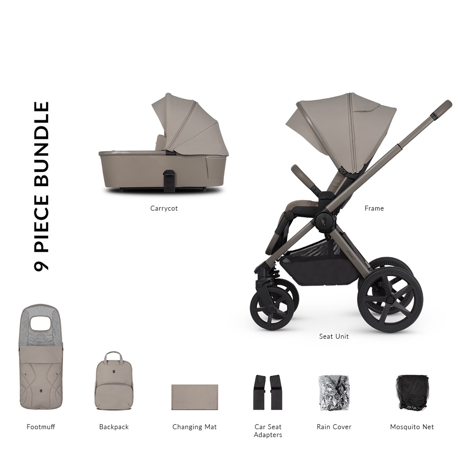 9-piece bundle of Venicci Upline 2 2-in-1 Pram set in Taupe colour