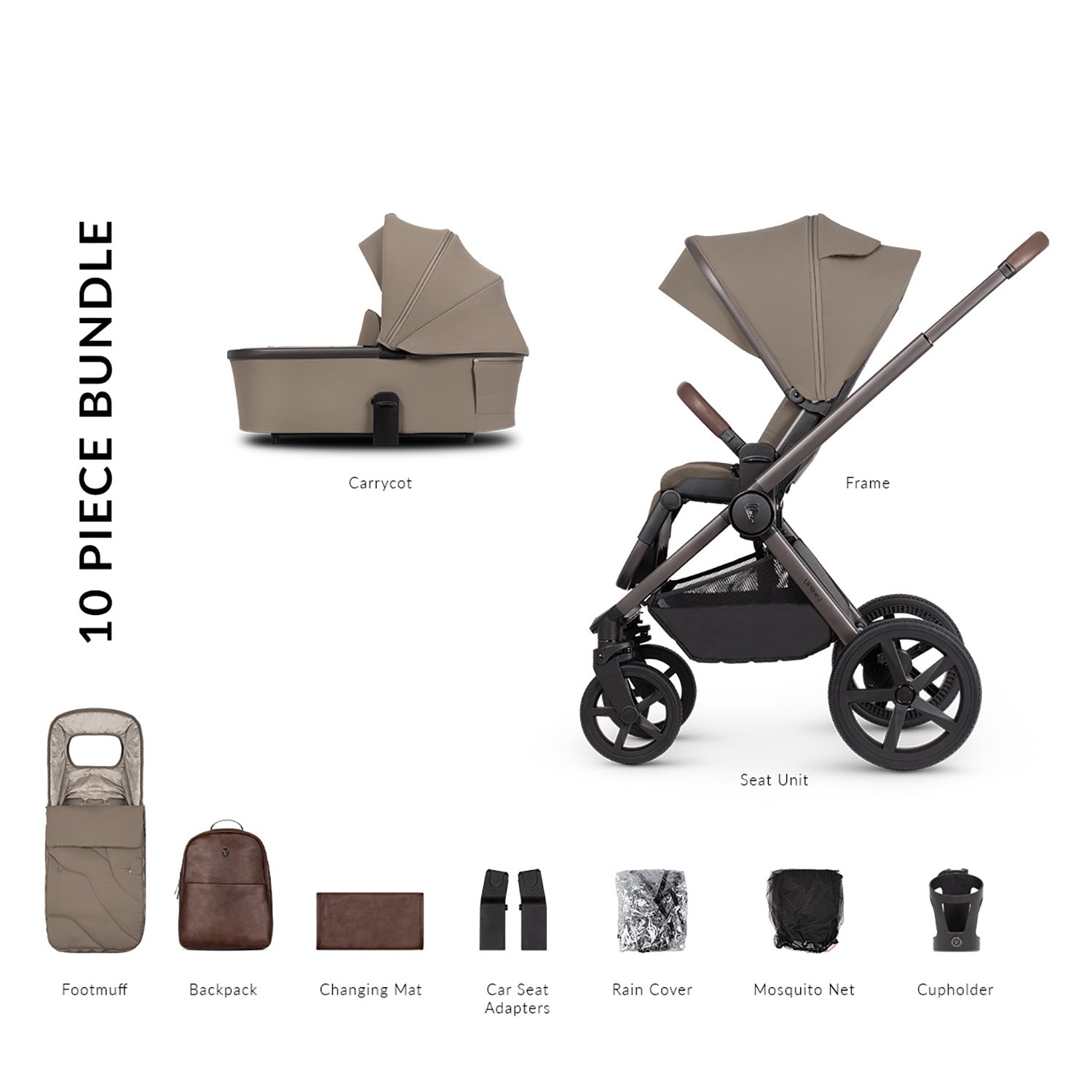 10-piece bundle of Venicci Upline 2 2-in-1 Pram set in Taupe colour