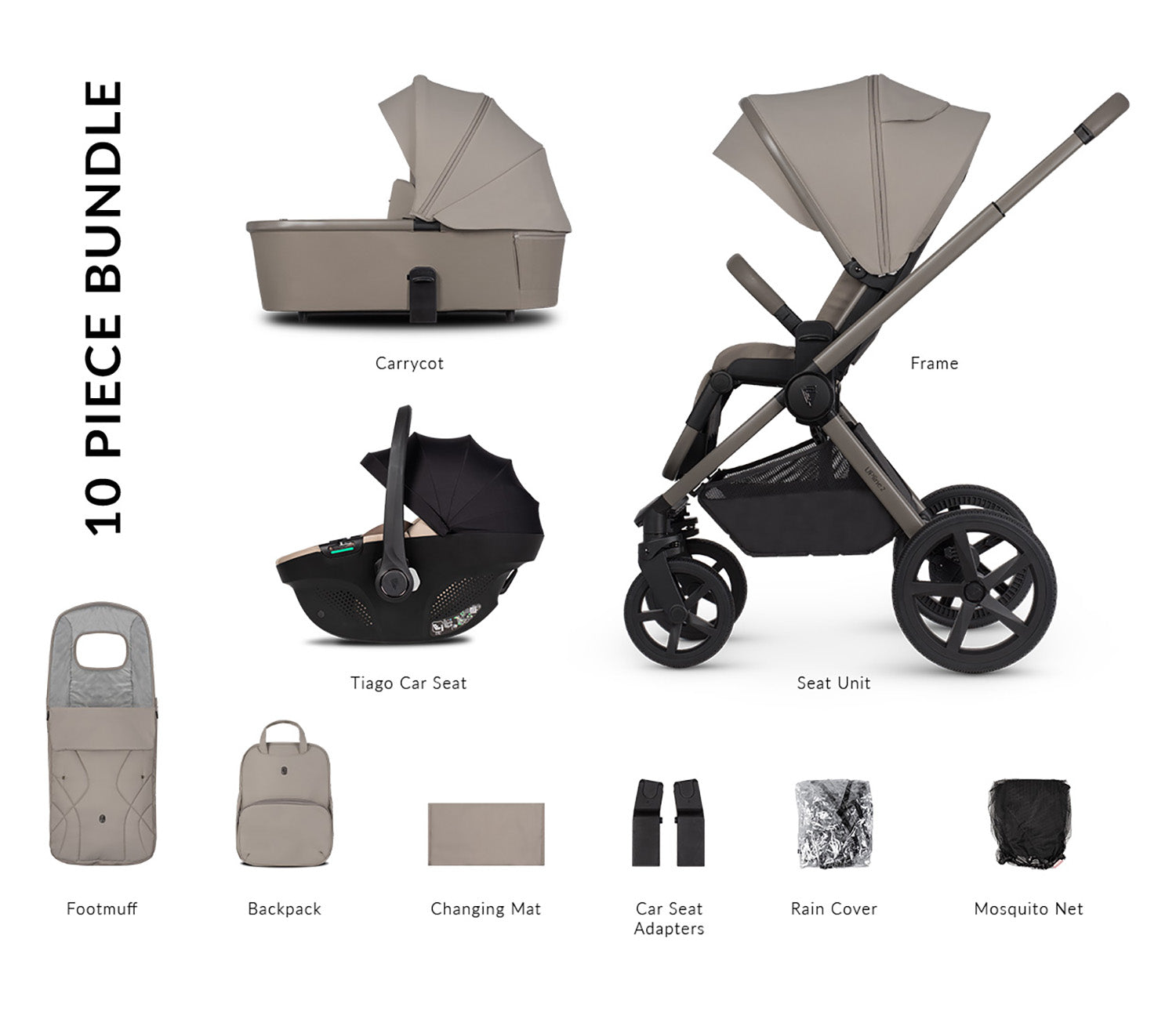 10-piece bundle of Venicci Upline 2 in 3-in-1 Travel System set in Taupe colour